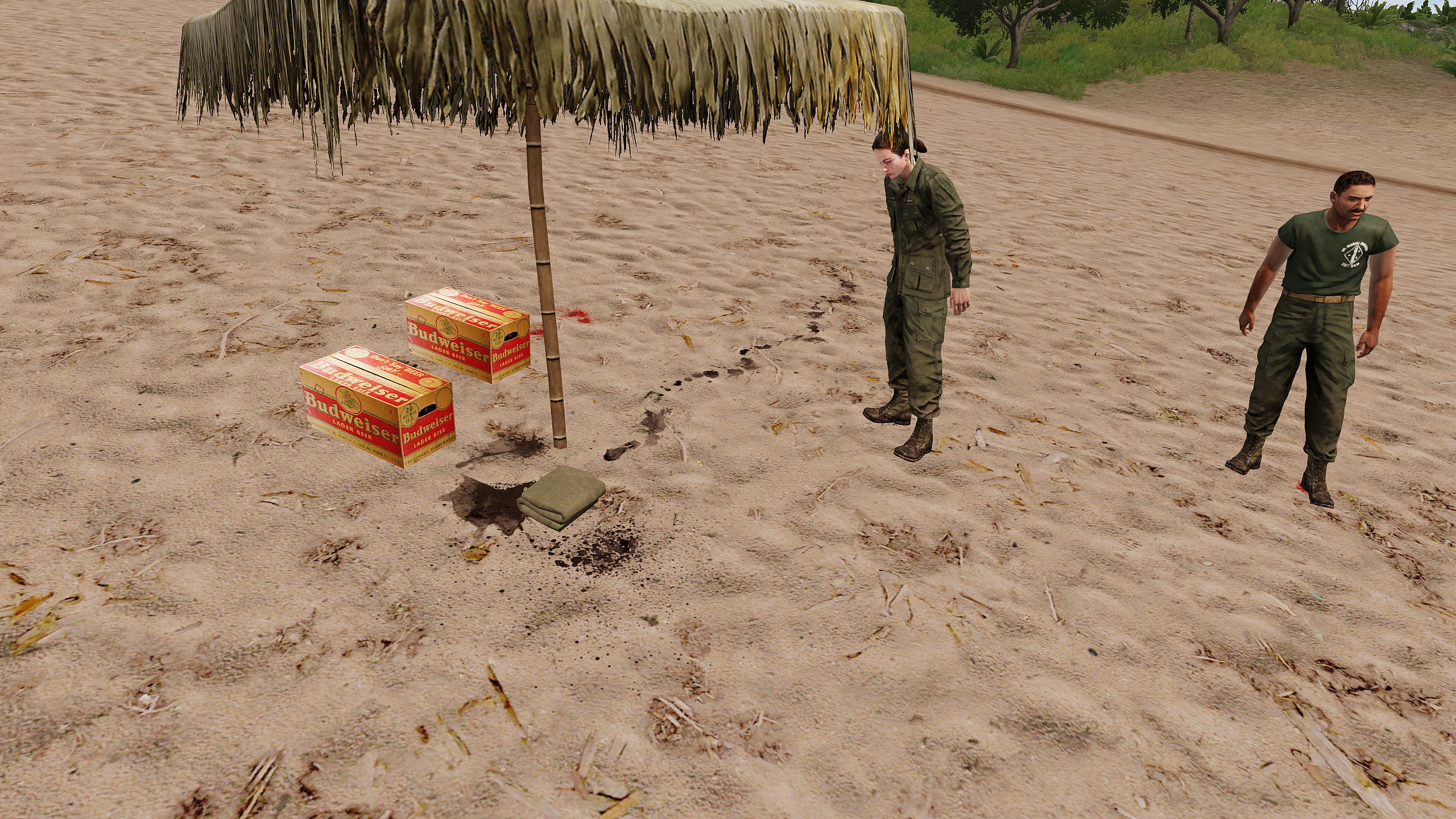 Screenshot from Operation Sneaky Guard (2024-02-11) - Scramble 1: Pilot in the air 1-2 km east of Ban Len. Landed east of MSS Leghorn and fled east while the squad rambled a little.
Scramble 2: F-111 crashed 3M W of Phao Noi, in the immediate vicinity of Thud Ridge. SEAD suppressed the SAM site, with Sandy flight continuing to rain down fire on it, but Sandy 2 was hit and crashed and has been captured by the Chelt. The pilots of the F-111 were recovered successfully although Jolly-2 was damaged enough to need to perform a forced landing and the squad left the AO on Jolly-1.